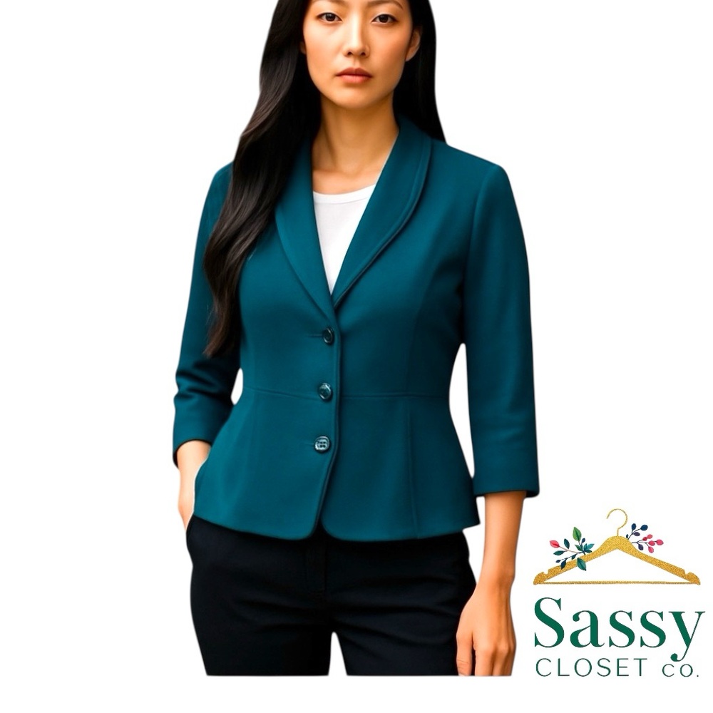 Alfani Teal Shawl Collar Jacket 3/4 Sleeve Open Front Career Chic Sz M